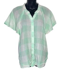 Maeve Anthropologie women’s large gingham flutter sleeve top mint white light